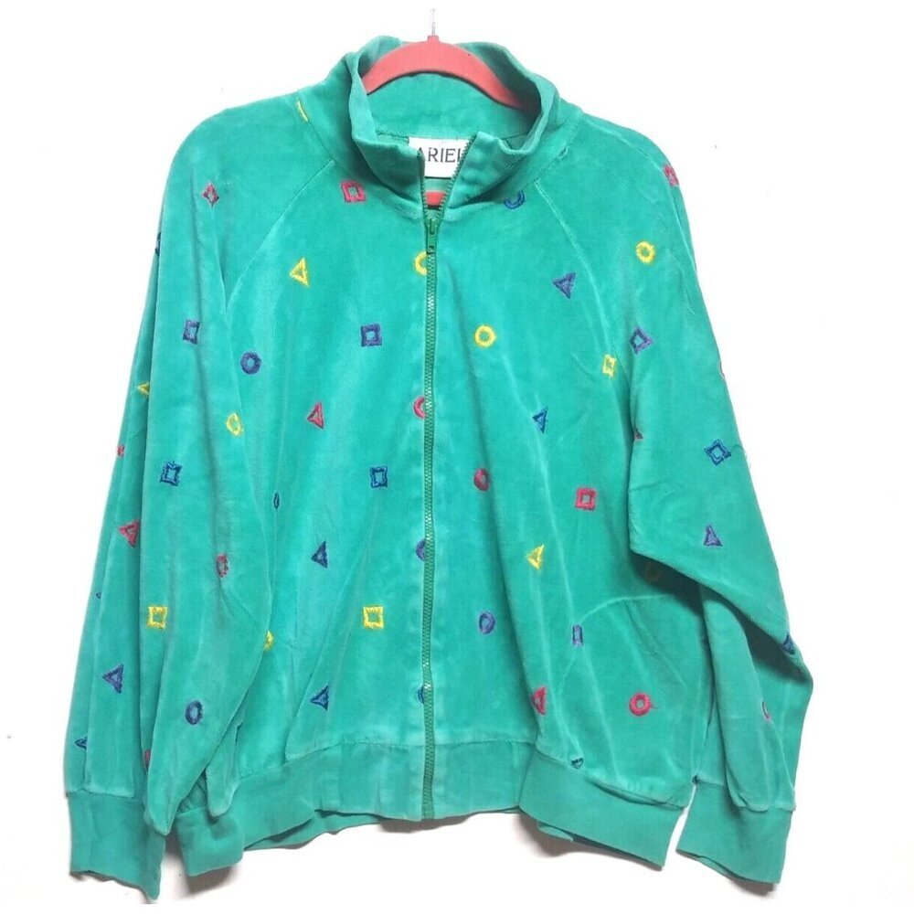 womens VTG Sweatshirt full zip XL 2XL Aqua ARIEL geometric embroidery allover LS